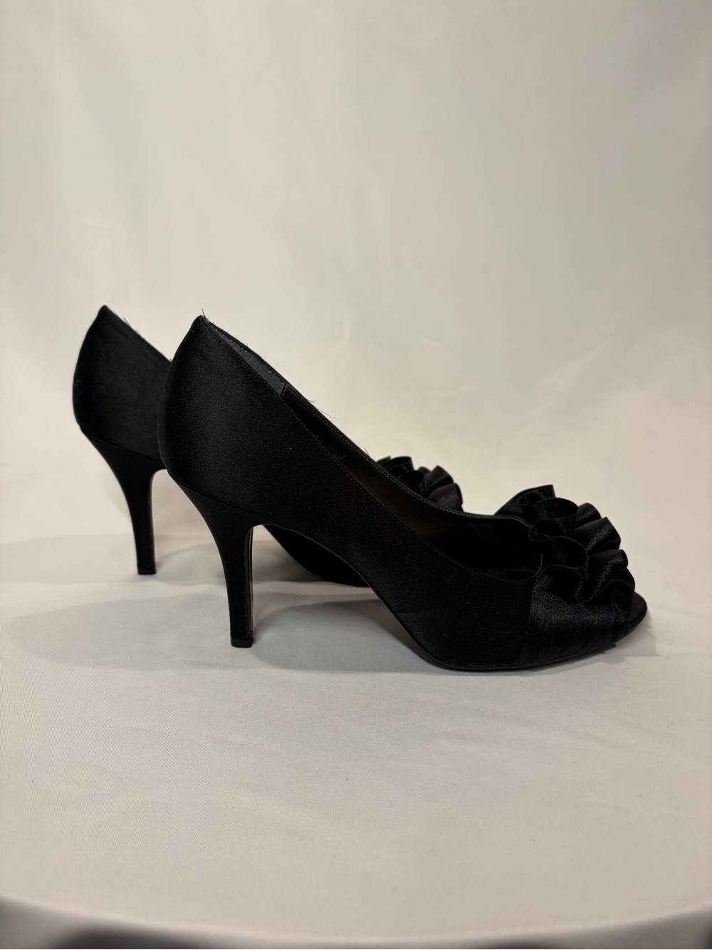 Nina Black Satin Heels w/ Ruffle Design